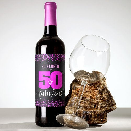50 fabulous birthday hot pink dots black modern wine label