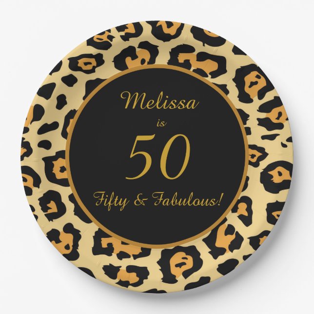 50 Fabulous Birthday Leopard Print Paper Plates (Front)