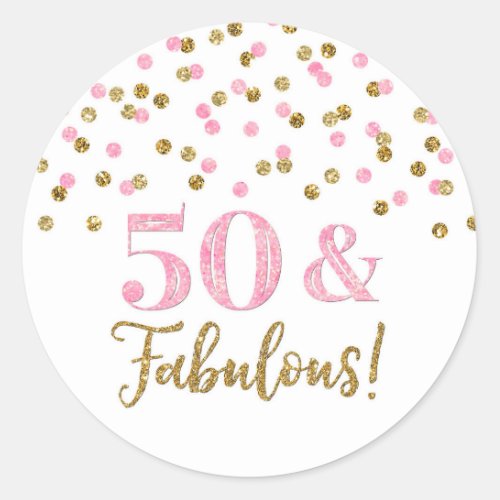 50  Fabulous Birthday Light Pink Gold Confetti Classic Round Sticker