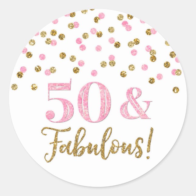 50 & Fabulous Birthday Light Pink Gold Confetti Classic Round Sticker (Front)