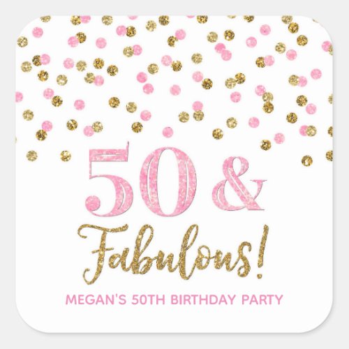 50  Fabulous Birthday Light Pink Gold Confetti Square Sticker