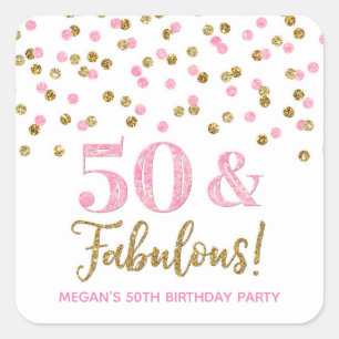 50 & Fabulous Birthday Light Pink Gold Confetti Square Sticker