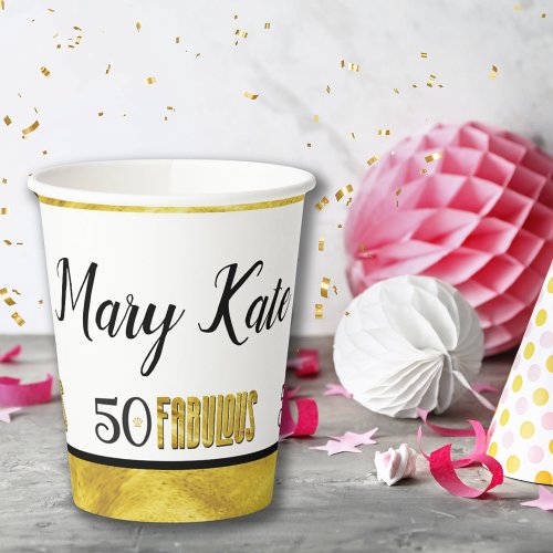 50 Fabulous Birthday Modern Metallic Gold Black  Paper Cups