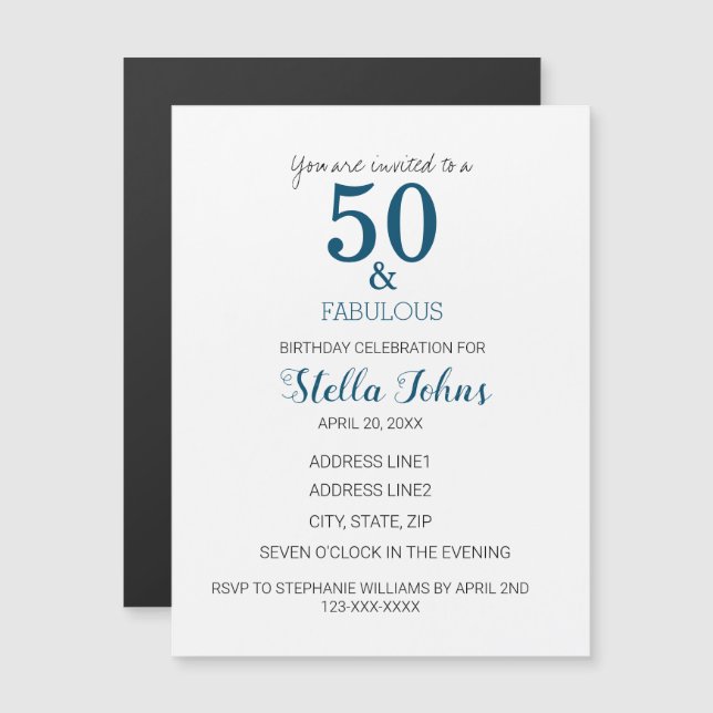 50 & Fabulous Birthday Ocean Blue Elegant Minimal Magnetic Invitation (Front/Back)