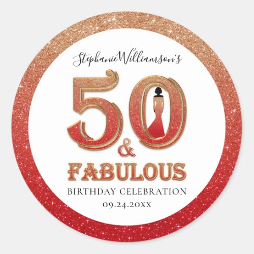 50  Fabulous Birthday Ombre Glitter Classic Round Sticker