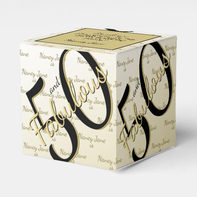 50 & Fabulous Birthday Party Black/Gold Message Favor Boxes (Front Side)