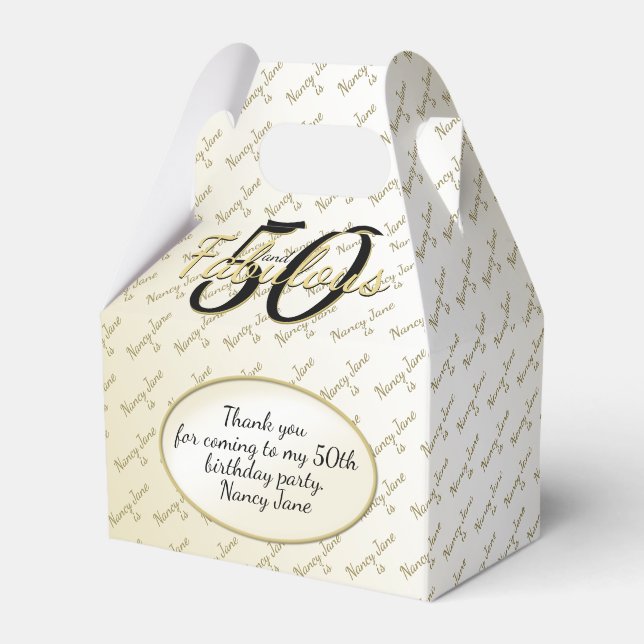 50 & Fabulous Birthday Party Black/Gold Message Favor Boxes (Front Side)