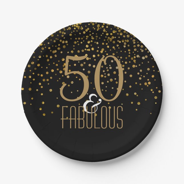 50 & Fabulous Birthday Party | Elegant 50th Gold Paper Plates (Front)