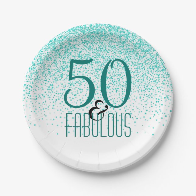 50 & Fabulous Birthday Party | Elegant 50th Teal Paper Plates (Front)