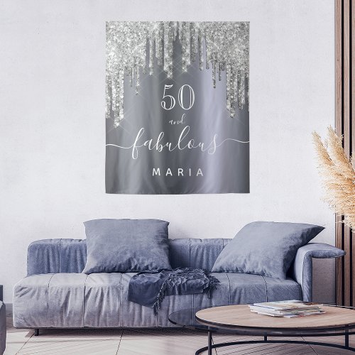 50 fabulous birthday party glitter silver sparkle tapestry