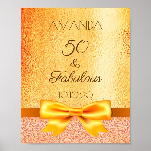 50 fabulous birthday party gold bow welcome poster