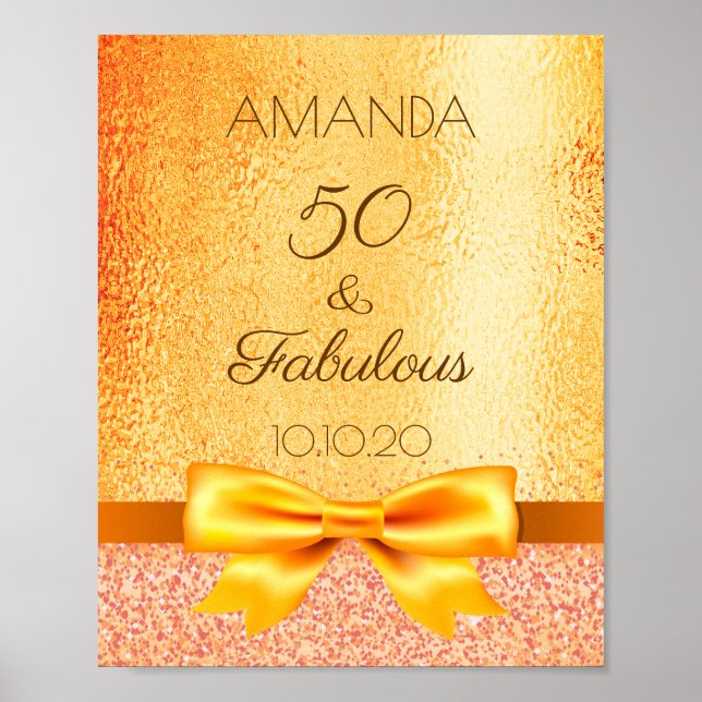 50 fabulous birthday party gold bow welcome poster (Front)