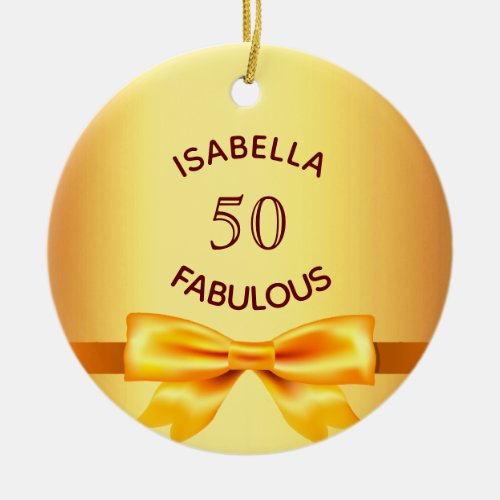 50 fabulous birthday party gold monogram bow ceramic ornament