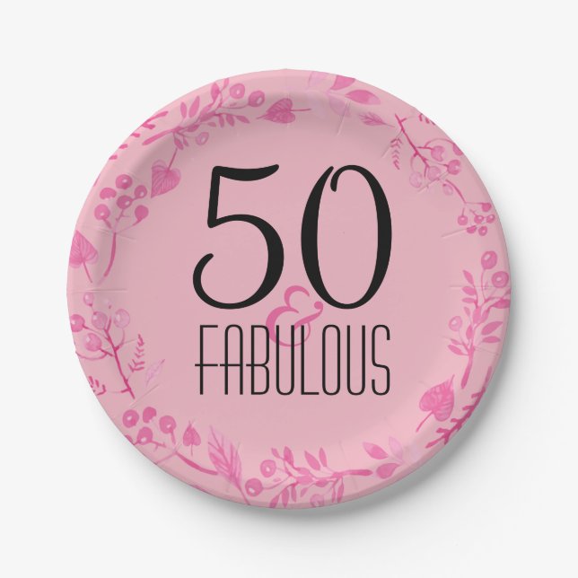 50 & Fabulous Birthday Party | Pink 50th Birthday Paper Plates (Front)