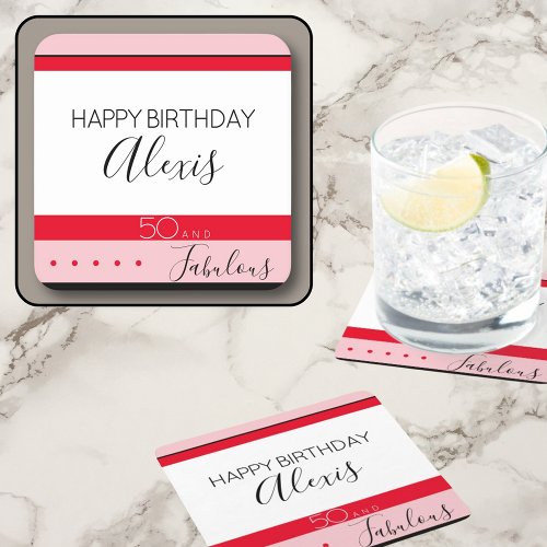 50 Fabulous Birthday Party Pink Red Simple Modern  Square Paper Coaster