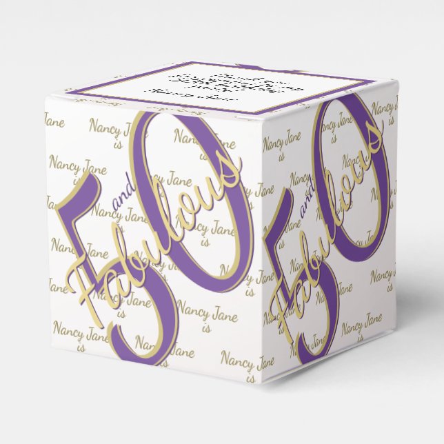 50 & Fabulous Birthday Party Purple/Gold Message Favor Boxes (Front Side)