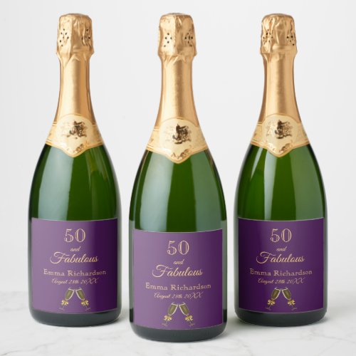 50 fabulous birthday party purple name gold sparkling wine label