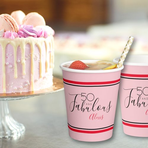 50 Fabulous Birthday Party Red Pink Modern Script Paper Cups