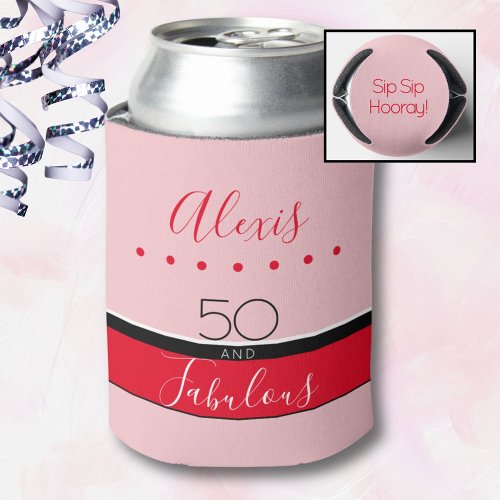 50 Fabulous Birthday Party Red Pink Modern Stripes Can Cooler