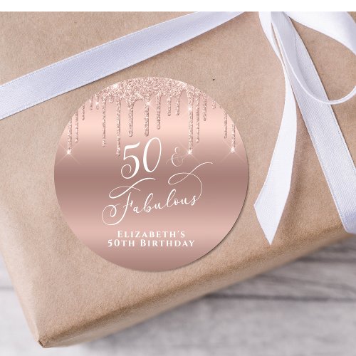 50 Fabulous Birthday Party Rose Gold Glitter Classic Round Sticker