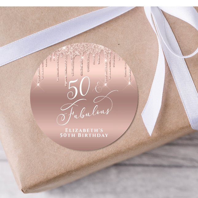 50 Fabulous Birthday Party Rose Gold Glitter Classic Round Sticker (Creator Uploaded)