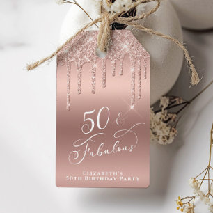 50 Fabulous Birthday Party Rose Gold Glitter Gift Tags