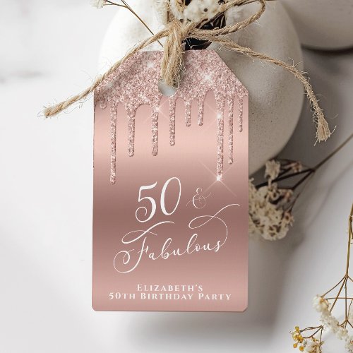 50 Fabulous Birthday Party Rose Gold Glitter Gift Tags