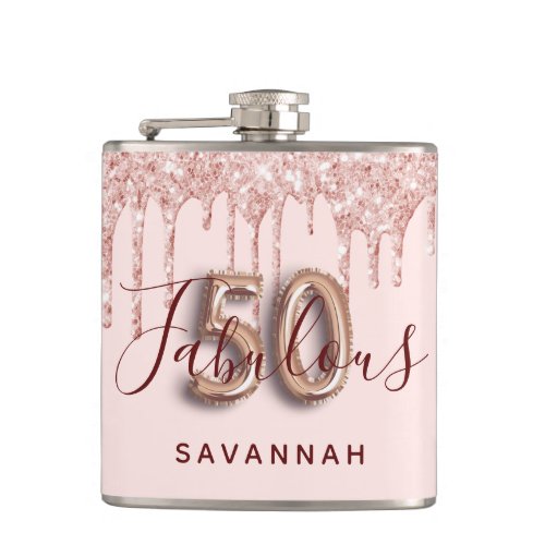 50 fabulous birthday party rose gold glitter pink flask