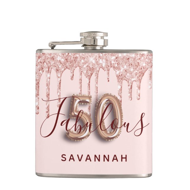 50 fabulous birthday party rose gold glitter pink flask (Front)