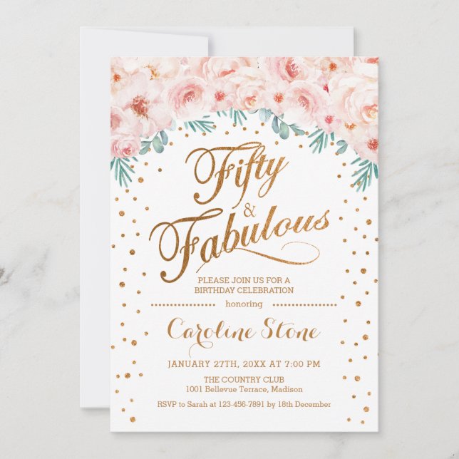 50 Fabulous Birthday Party - White Gold Pink Invitation (Front)