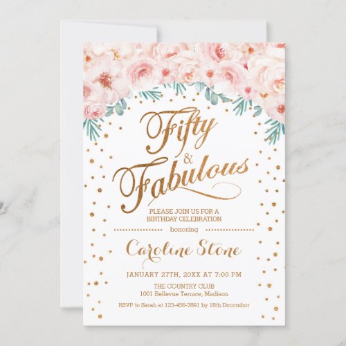 50 Fabulous Birthday Party _ White Gold Pink Invitation