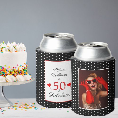 50  Fabulous Birthday Photo 50th Party BLK White Can Cooler