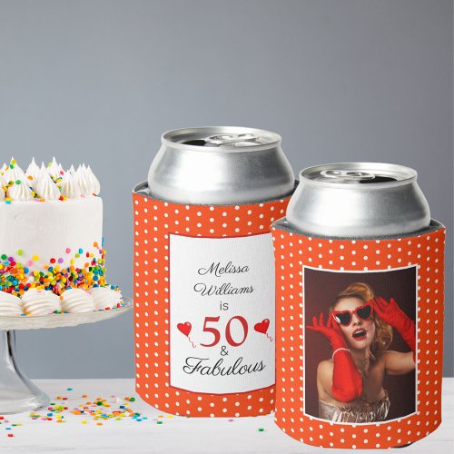 50  Fabulous Birthday Photo 50th Party Orange WH Can Cooler