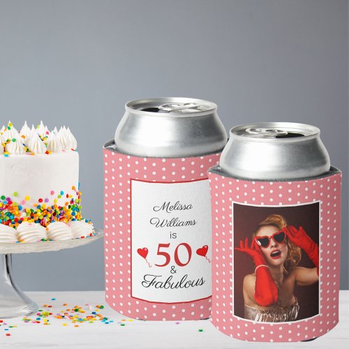 50  Fabulous Birthday Photo 50th Party Pink White Can Cooler