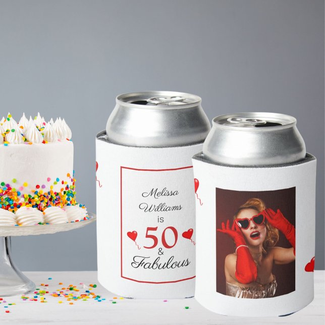50 & Fabulous Birthday Photo 50th Party Red Hearts Can Cooler (Creator Uploaded)