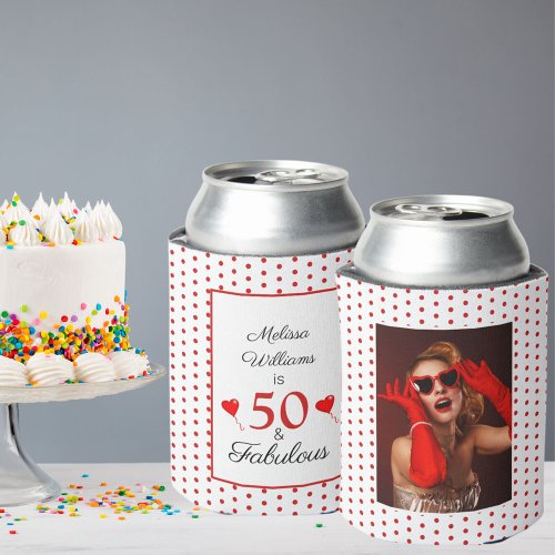 50  Fabulous Birthday Photo 50th Party White Red Can Cooler