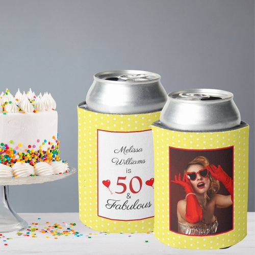 50  Fabulous Birthday Photo 50th Party Yellow WH Can Cooler