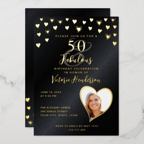 50  Fabulous Birthday Photo Black  Gold Foil Invitation