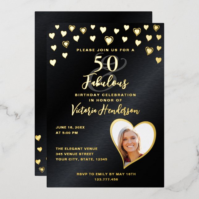 50 & Fabulous Birthday Photo Black & Gold Foil Invitation (Front/Back)