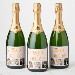 50 & fabulous birthday photo collage rose gold sparkling wine label