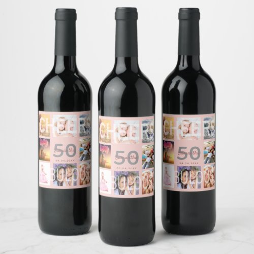 50 fabulous birthday photo collage rose gold wine label