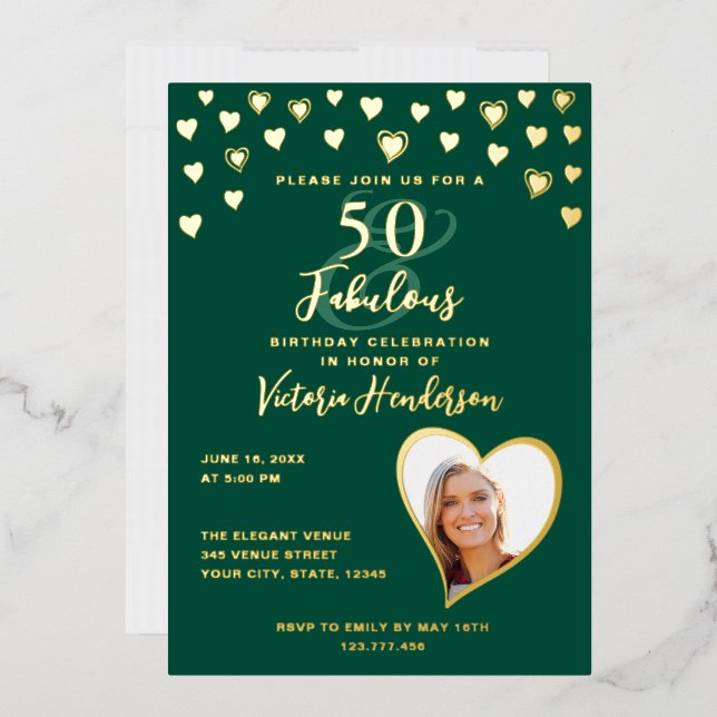50 & Fabulous Birthday Photo Emerald Green & Gold Foil Invitation (Envelope)