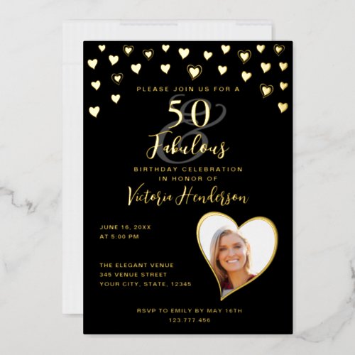50  Fabulous Birthday Photo Glam Black  Gold Foil Invitation