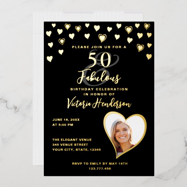 50 & Fabulous Birthday Photo Glam Black & Gold Foil Invitation (Envelope)
