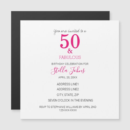 50  Fabulous Birthday Pink Fuchsia White Magnetic Invitation