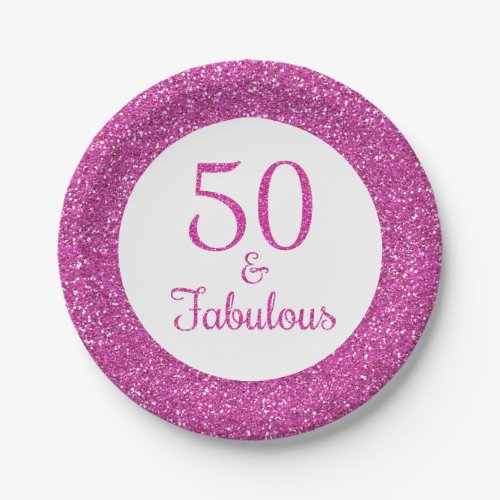 50  Fabulous Birthday Pink Glitter Paper Plates