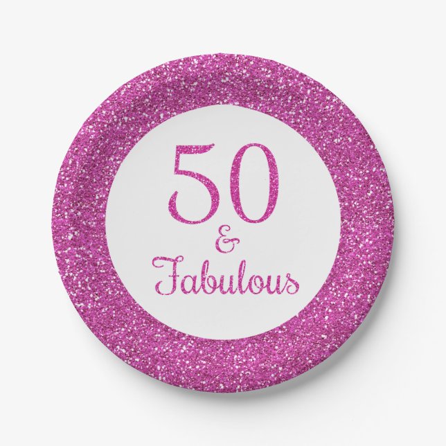 50 & Fabulous Birthday Pink Glitter Paper Plates (Front)