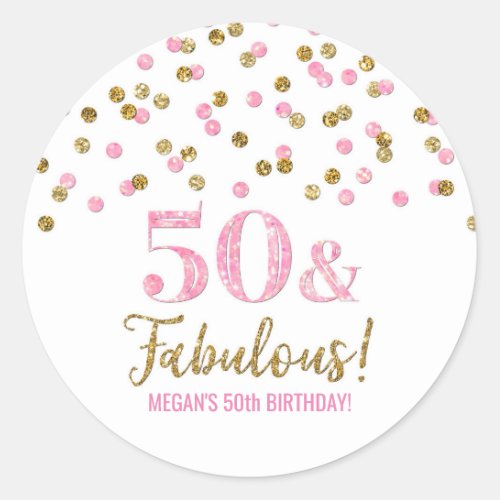 50  Fabulous Birthday Pink Gold Confetti Classic Round Sticker