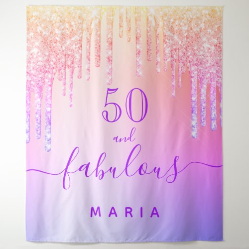 50 fabulous birthday pink purple glitter drips tapestry