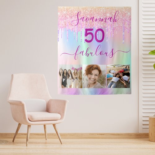 50 fabulous birthday pink purple glitter photo tapestry